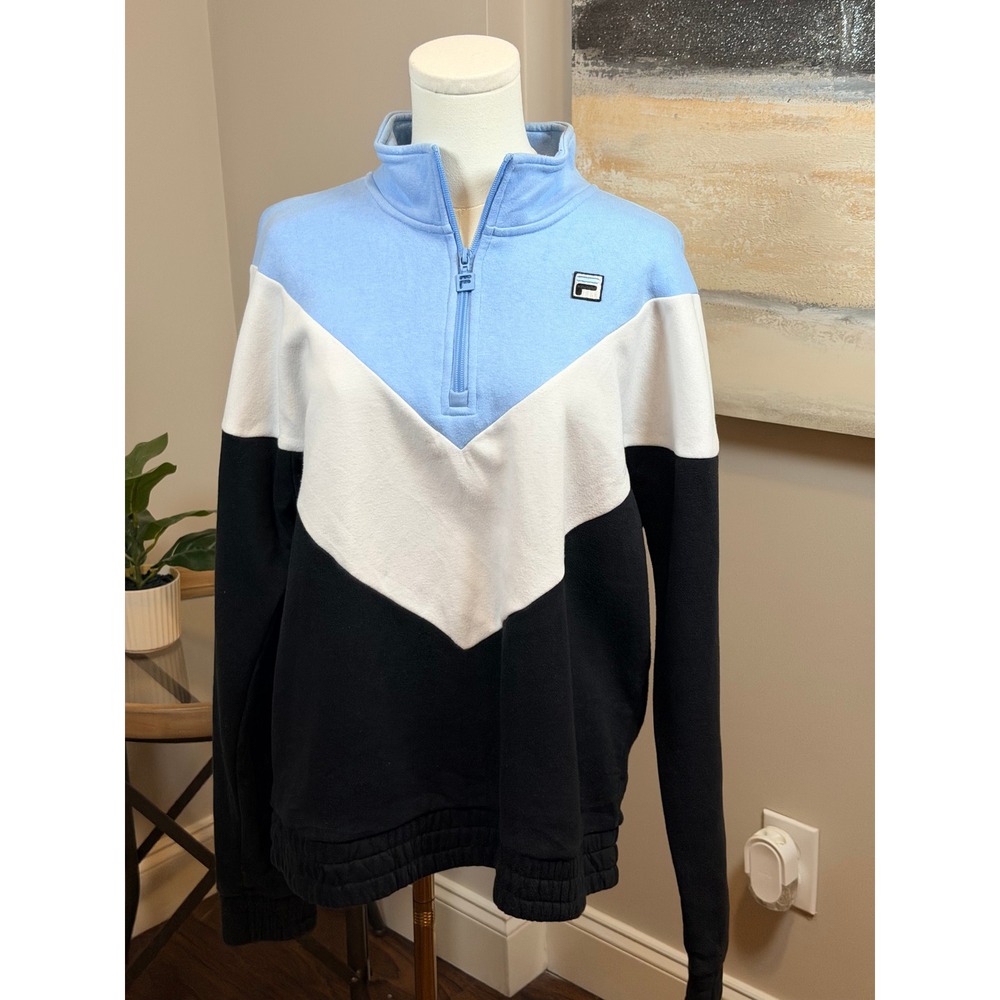 Fila Quarter Zip Sweatshirt Colorblock Chevron Blue White Black Pullover Large